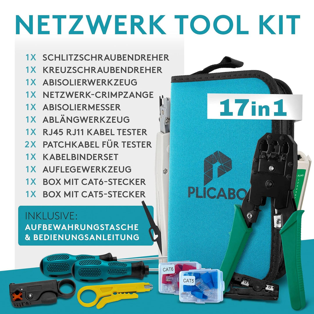 PLICABO | 17 in 1 Profi Netzwerk Werkzeug Set, AUCH GESCHIRMT, Netzwerktester Tool Set, LSA Auflegew