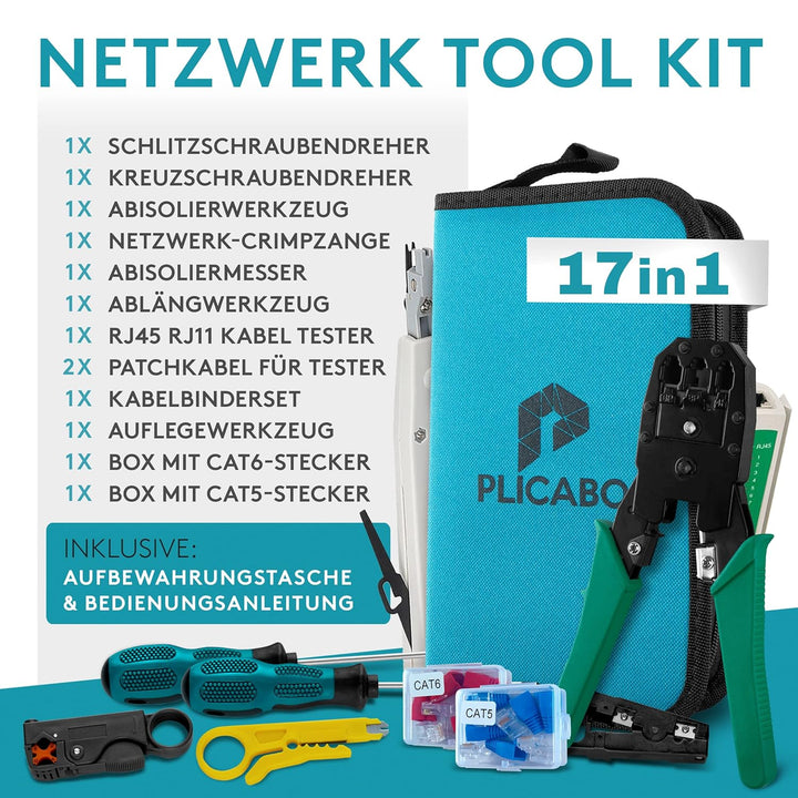 PLICABO | 17 in 1 Profi Netzwerk Werkzeug Set, AUCH GESCHIRMT, Netzwerktester Tool Set, LSA Auflegew