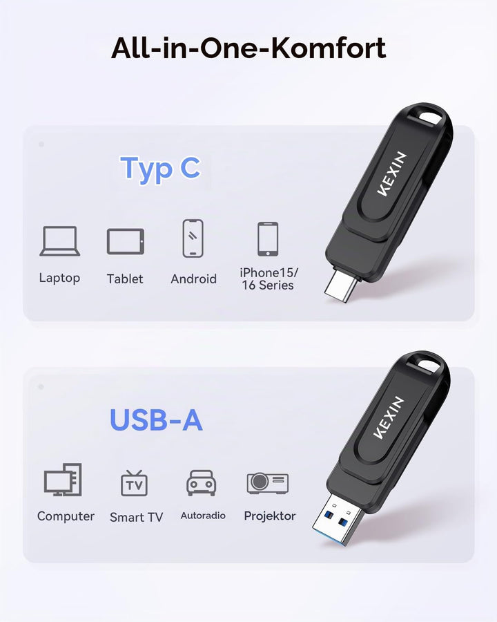KEXIN USB C Stick 512GB USB 3.0 OTG, bis zu 130 MB/s, Dual-USB Type-C &amp; USB-A Anschlüsse, Speicherst