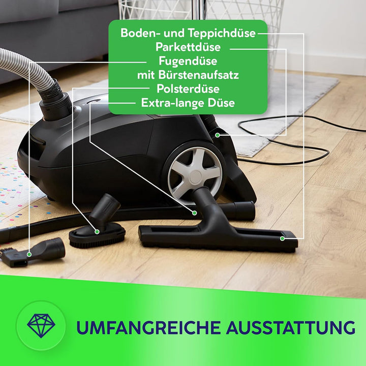 MPM Staubsauger mit Beutel MOD-54 – 5 Düsen - HEPA 13 Filter - 3,5L Staubbeutel - Teleskoprohr – Ide