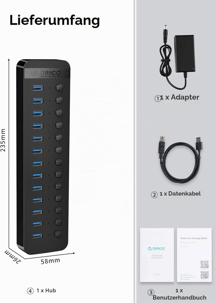 ORICO USB Hub 3.0 Aktiv 13 Ports 60W Mit Netzteil Einzelne EIN/Aus-Schalter und 12V / 5A Energien-Ad