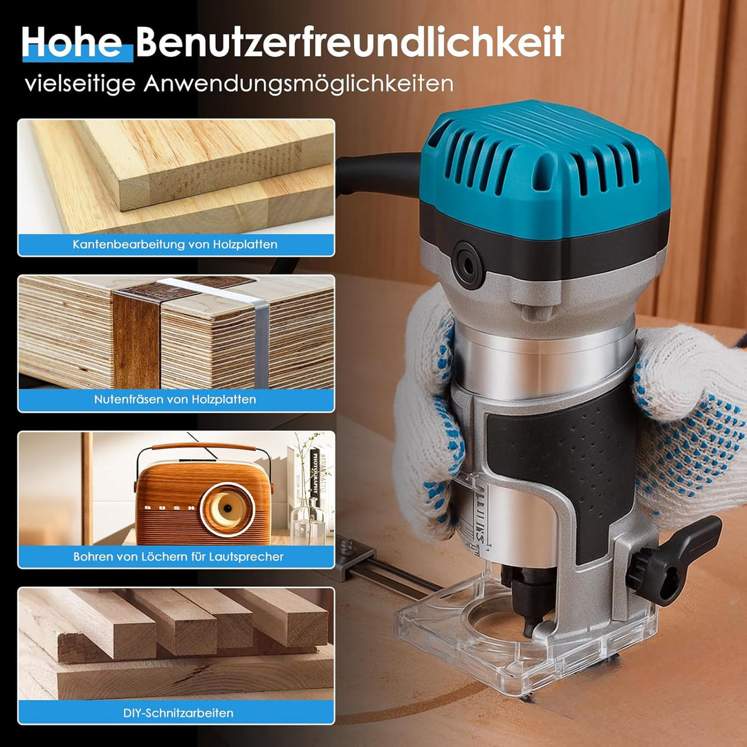 Akku Oberfräse für Makitta18V Akku für 6.35mm+8mm Spannzange,900W kantenfräseTrimmer Set mit 15 Stüc