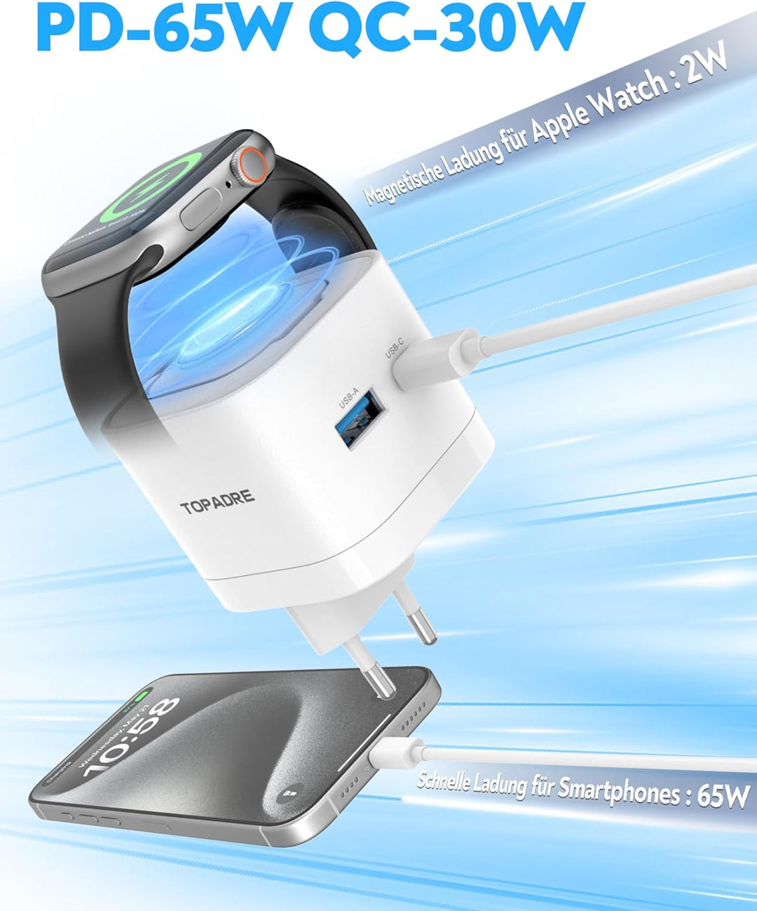 65W USB C Ladegerät für Apple Watch, 3 in 1 65W USB C iPhone Ladegerät PD 3.0 Schnellladegerät für i