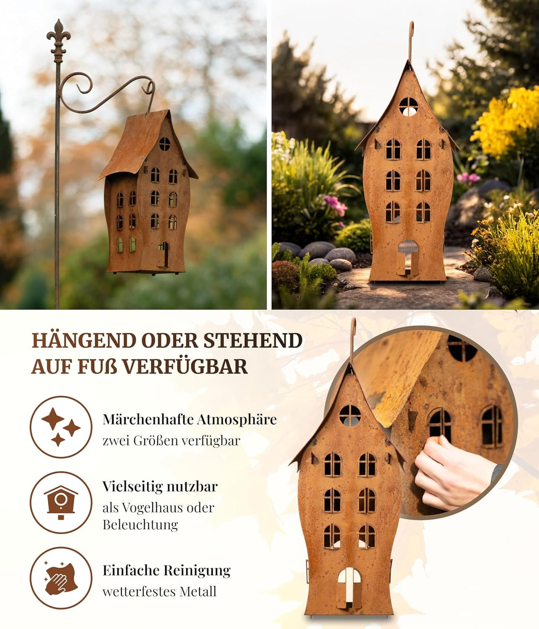 Hexenhaus mit 3 Etagen hängend (15x15x45cm) – wasserfest – Vogelhaus aus Metall im Rostdesign – mit