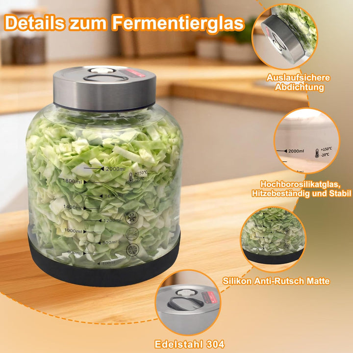 Fermentierglas 2 Liter mit Deckel: Doppelanschluss-Auslassventil Gärglas für Haushaltsfermenter- Sau