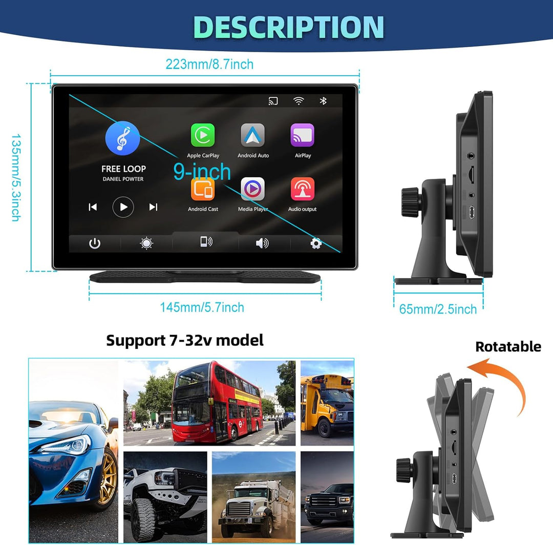 Podofo Wireless CarPlay Android Auto Tragbares Autoradio 9 Zoll IPS Touchscreen Autoradio Kabelloses