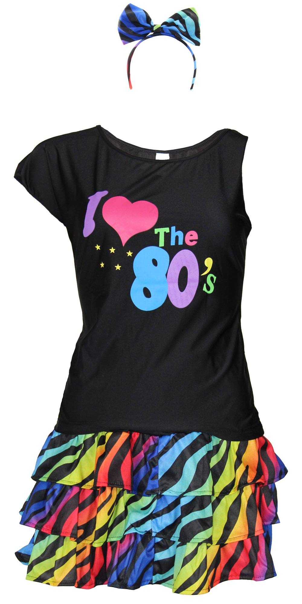80er Jahre Damen Kostüm - buntes Tutu Haarreif und schwarzes neon Shirt - Grösse S-XXL - Ballet Fasc