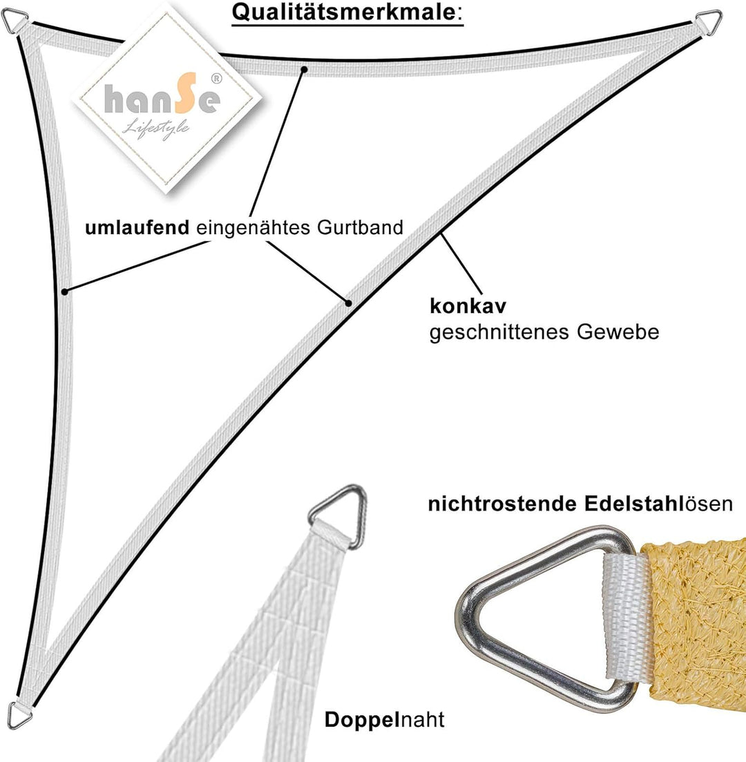 hanSe Sonnensegel quadratisch, Segeltuch Quadrat, 2x2m in Creme, aus HDPE Gewebe, wetterbeständig mi