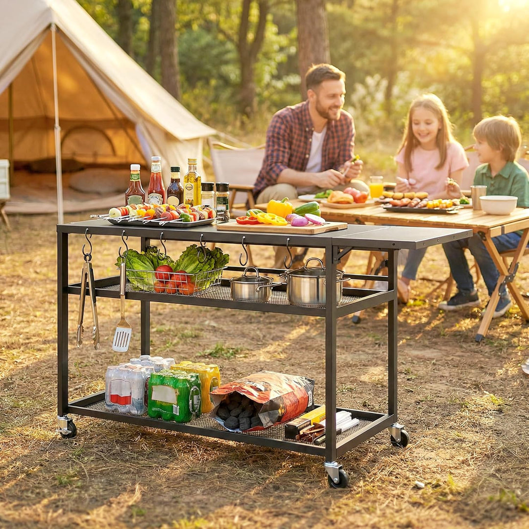 Outsunny Gartenwagen Grillwagen auf Rollen Kücheninsel mit klappbarer Seitenablage, drei Ablagefläch
