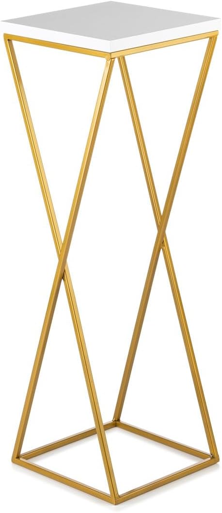 Pflanzenständer Metall 70 cm Hoch - Stabiler und Fester Blumenhocker mit Weiss MDF-Platte auf Gold S