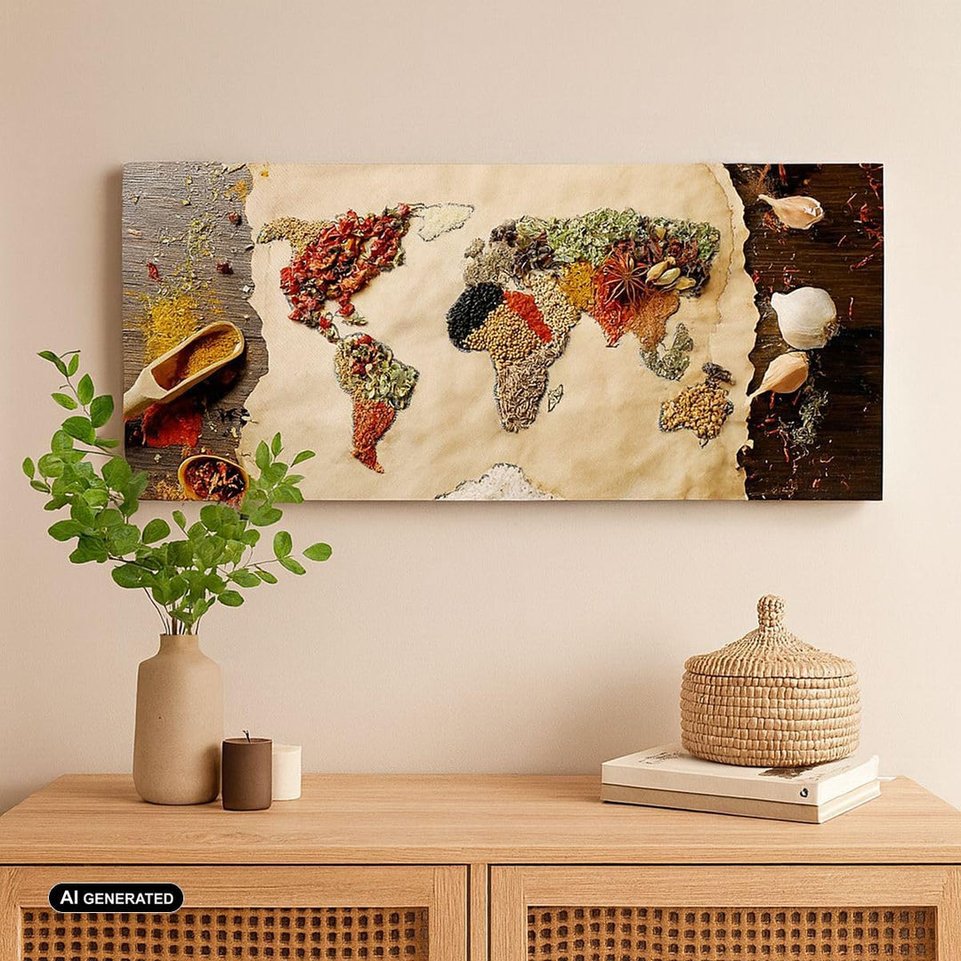 Wandbilder Dekoration Wohnzimmer Welt Karte Gewürze Farben Panorama Bilder auf Leinwand 120x50cm Lei