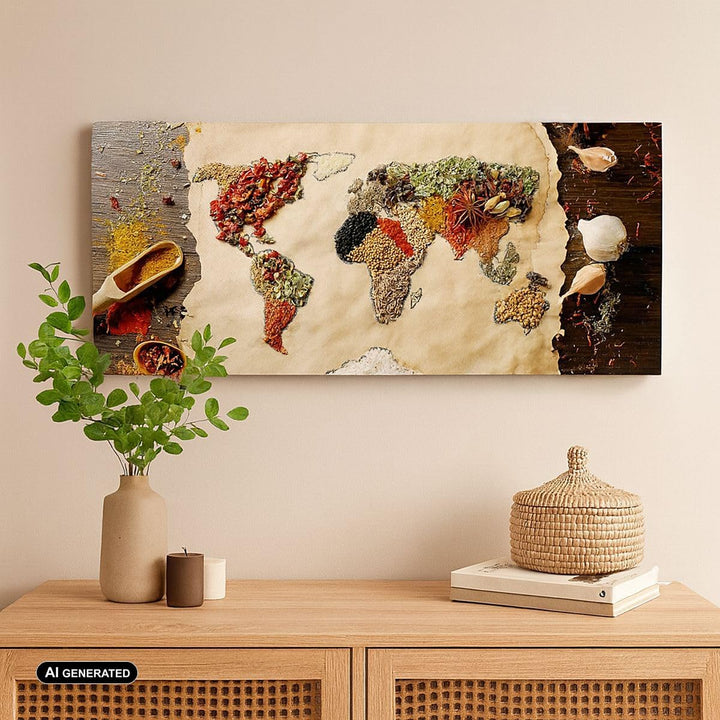 Wandbilder Dekoration Wohnzimmer Welt Karte Gewürze Farben Panorama Bilder auf Leinwand 120x50cm Lei