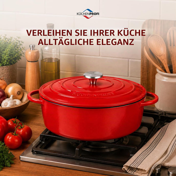 Küchenprofi Gusseisen Bräter mit Deckel, rot/innen schwarz , 31 cm, Schmortopf, Auflaufform, Dutch O