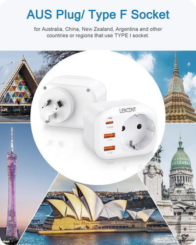 LENCENT 2X Reiseadapter AU CN Adapter Australien China Deutschland Stecker, mit 2 USB QC3,0 + 1 Typ-