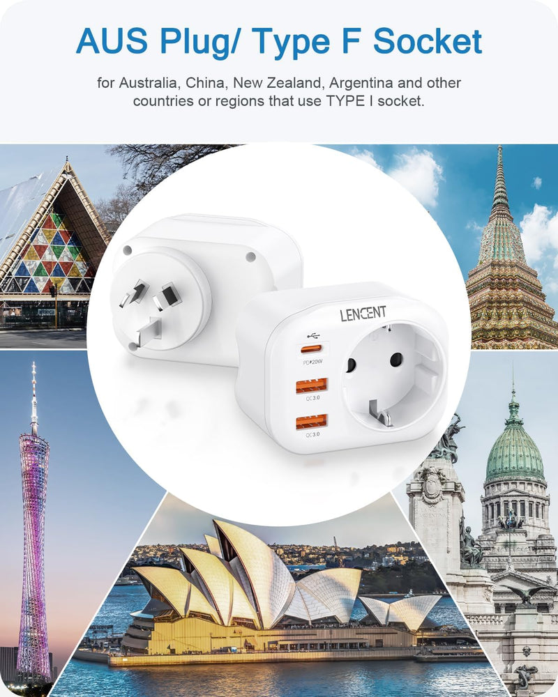 LENCENT 2X Reiseadapter AU CN Adapter Australien China Deutschland Stecker, mit 2 USB QC3,0 + 1 Typ-