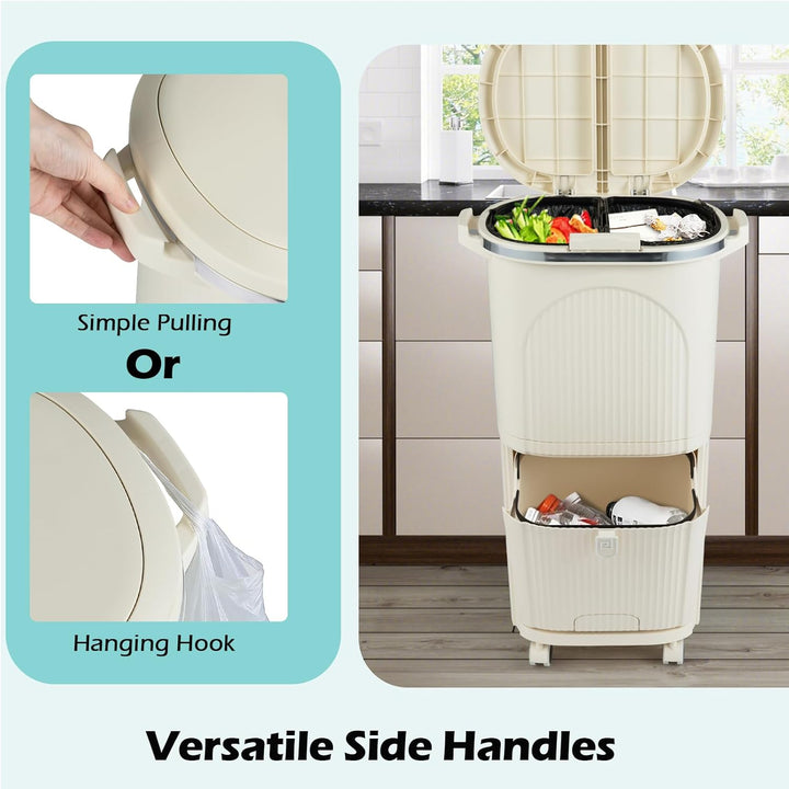 LIFEZEAL 38L / 42L Mülleimer auf Rädern, Abfalleimer mit 3 Fächern & Deckel, Tretmülleimer mit Griff