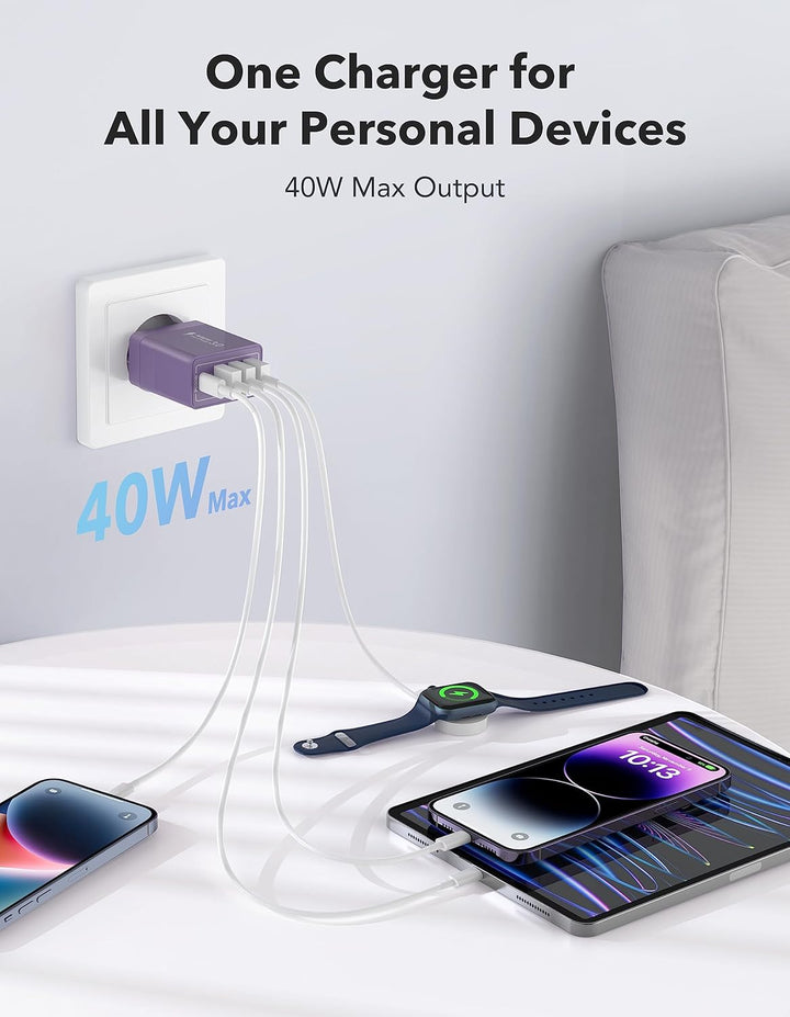 USB C Ladegerät, 2 Pack USB Schnellladegerät 40W 4 Port PD+QC USB Schnell Netzteil USB C Adapter für
