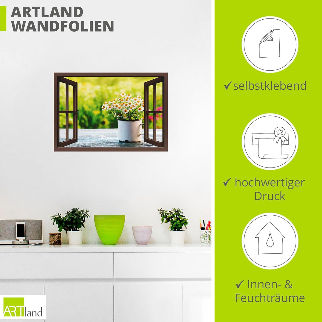 ARTland Wandbild selbstklebend Vinylfolie 100x70 cm Fensterblick Fenster Botanik Blumen Gänseblümche