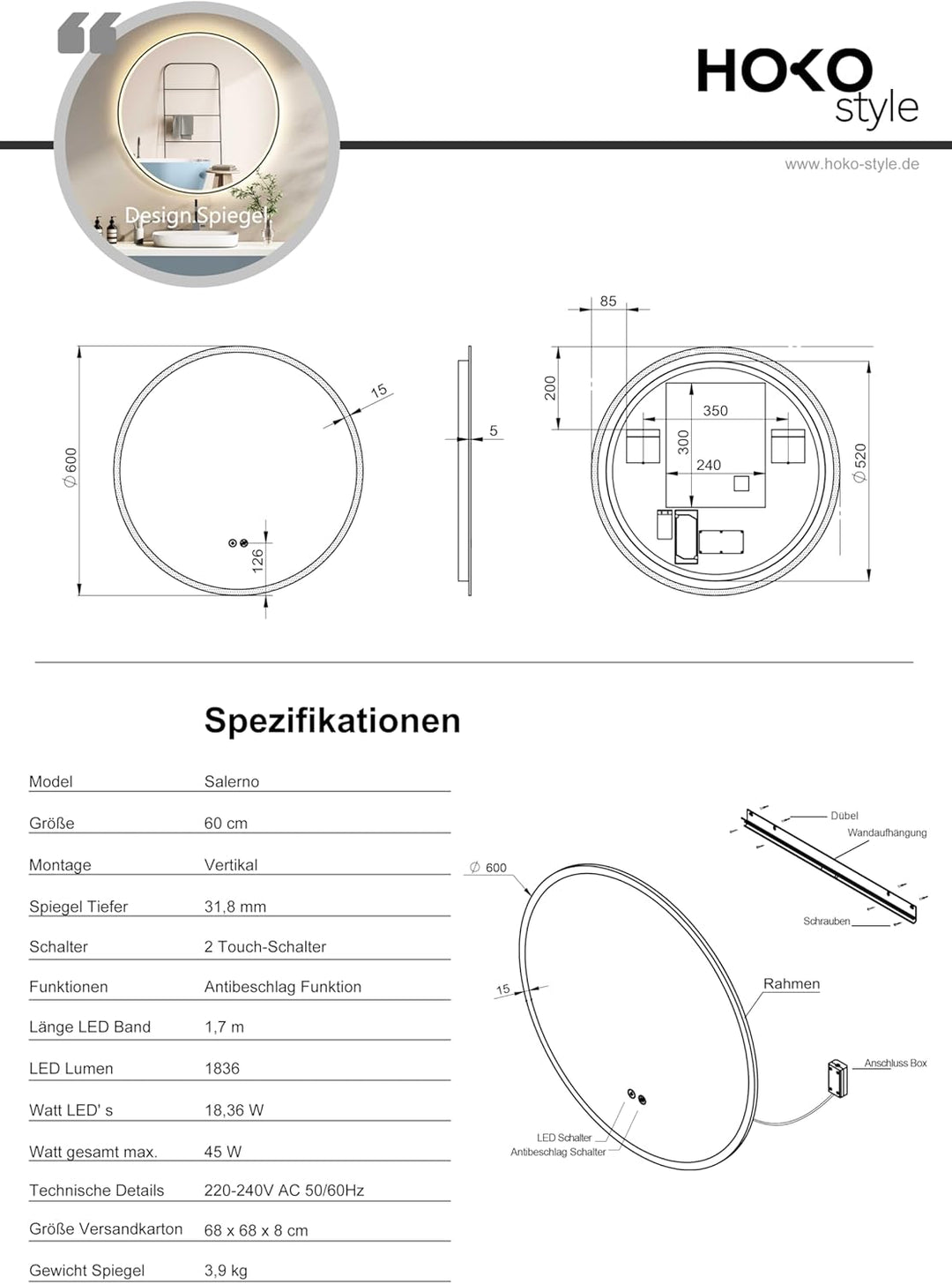 HOKO® Badezimmerspiegel mit LED Beleuchtung aussen, LED Spiegel München 50x70cm, waagerecht und senk