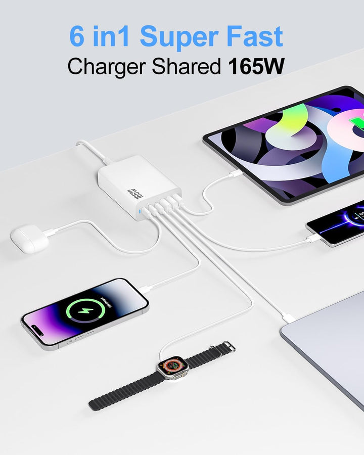 6 Ports Ladestation Schnellladegerät, 165 W USB C Schnelllade Netzteil, PD Power GaN Ladegerät kompa