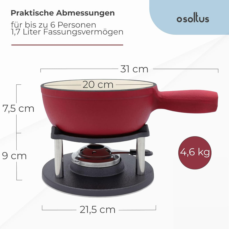 osoltus Fondue-Set für Schokoladen-, Fleisch- oder Käsefondue - Fondue-Topf für 6 Personen - emailli