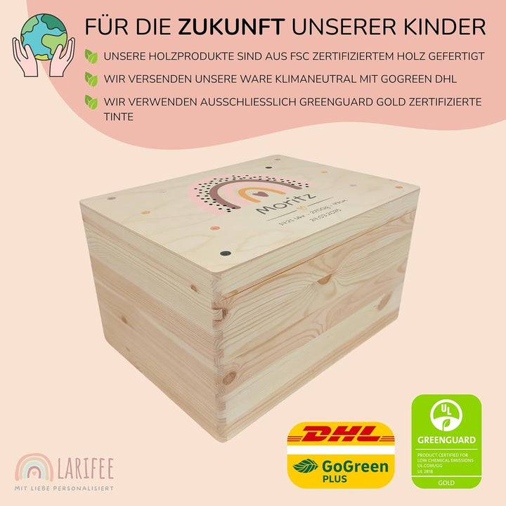 LARIFEE Erinnerungskiste personalisiert Regenbogen mit Name – Baby Erinnerungsbox Holz mittel 40x30x