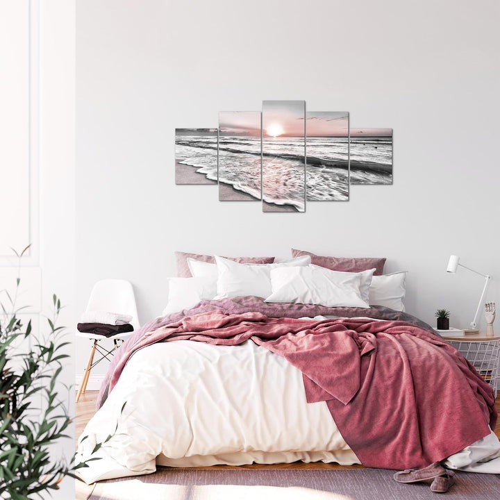 Runa Art Bild Schlafzimmer Wohnzimmer Sonnenuntergang Strand 5 Teilig Landschaft Grau Rosa Wandbilde
