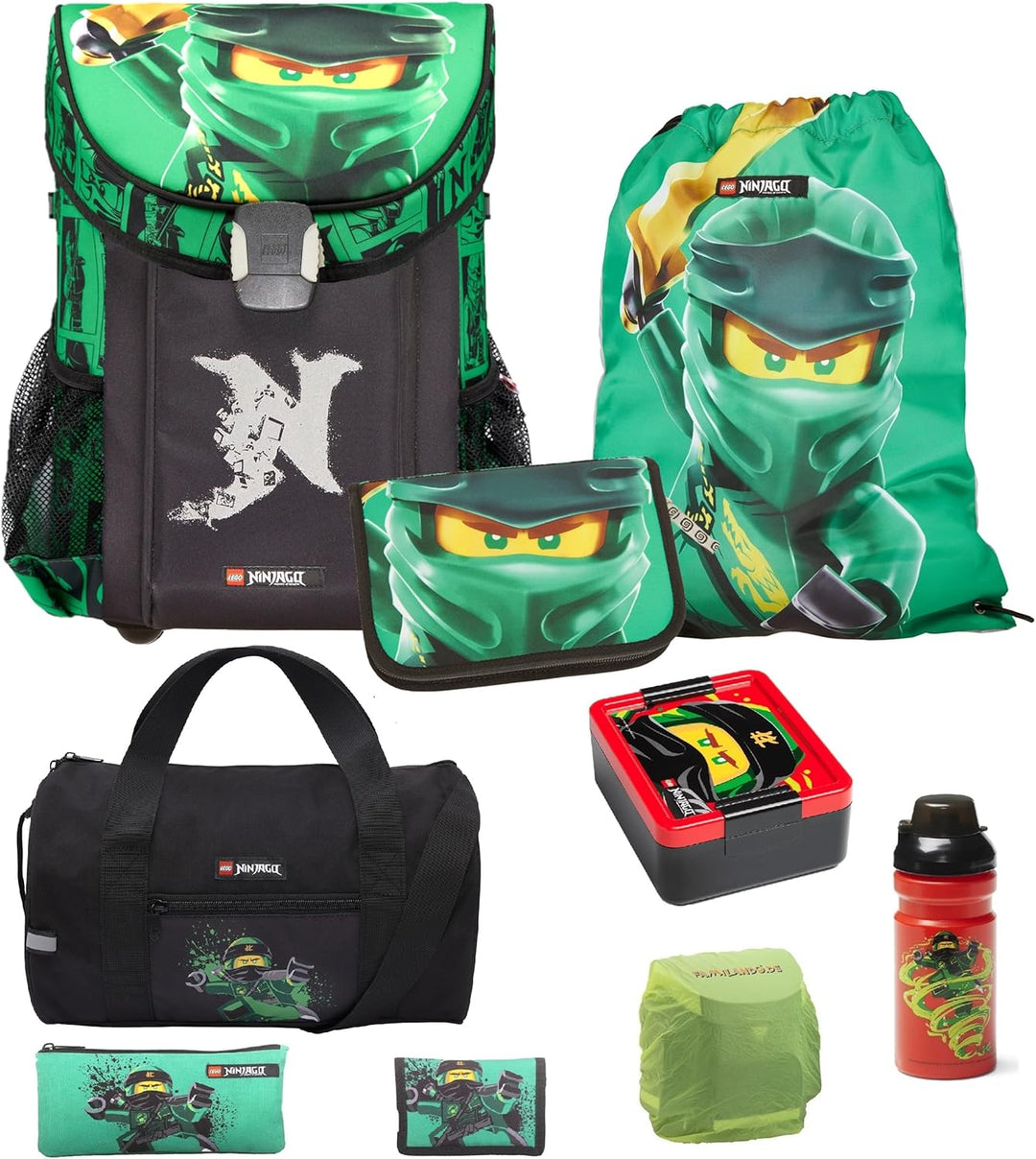 Lego Ninjago Schulranzen-Set Easy Green 8tlg. Set mit Federmappe, Regenschutz und Dose und Flasche,