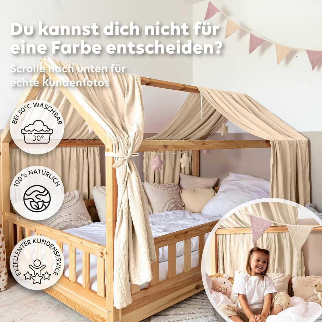 Hausbett Himmel mit Gold Applikation [in 12 Farben] Betthimmel Hausbett aus 100% Baumwolle Musselin