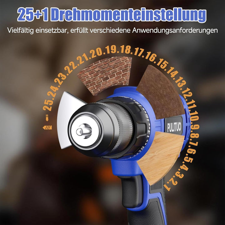 PULITUO Akkuschrauber Set, 20V Akku Bohrschrauber mit 2×2,0Ah Akkus, 45 Nm, 25+1 Drehmomentstufen, 1