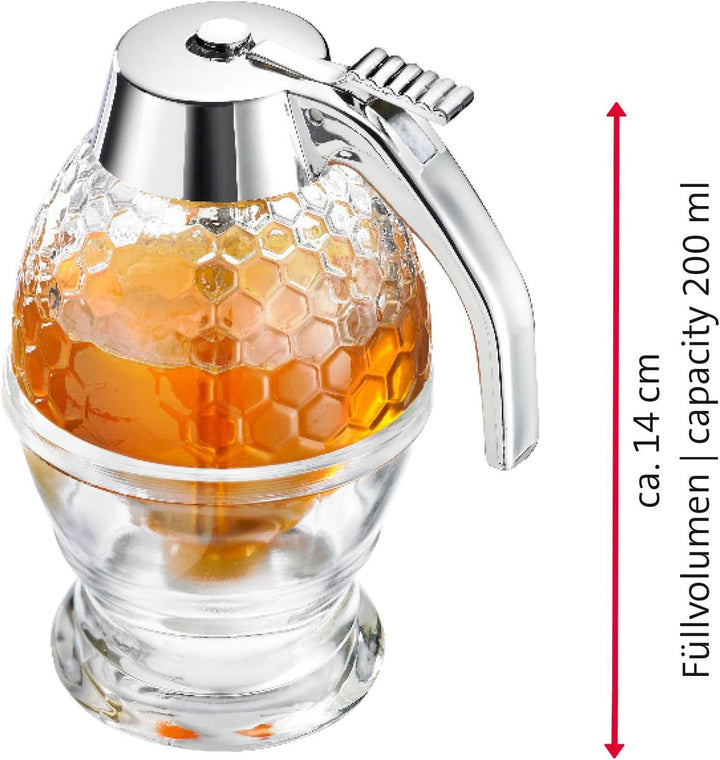 Westmark Honigbirne/Honig-Dosierer mit Untersatz, Fassungsvermögen: 200 ml, Wabenmuster, Glas/Kunsts