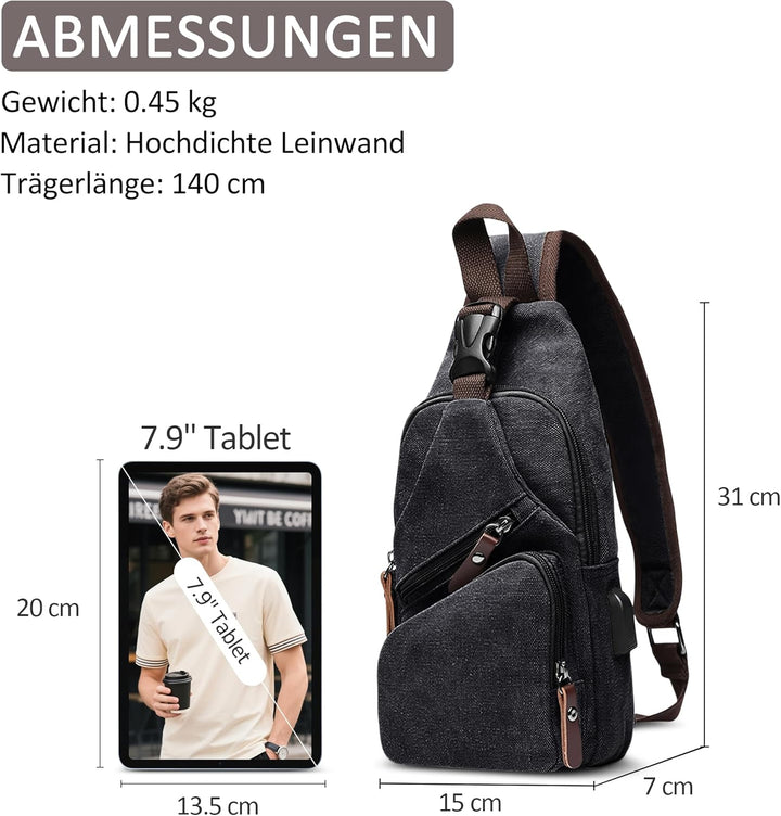 DORRISO Herren Umhängetasche Mode Brusttasche Schultertasche Leinwand Schultertaschen USB Anschluss