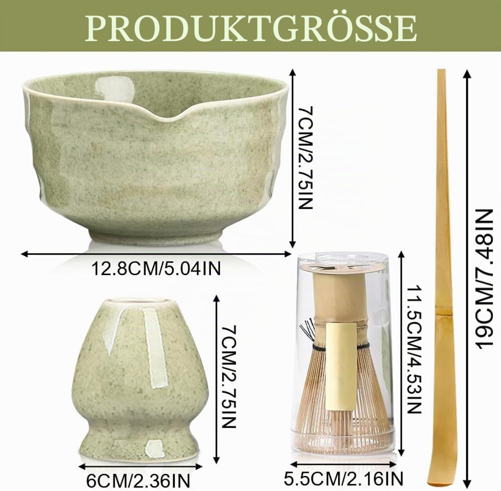 5 Stück Matcha Set, Bambus Besen, Keramik Schale mit Ausgiesser, Whisk, Schaufel, Sieb, Ohne Pulver,