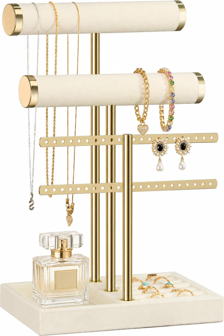 Schmuck Organizer mit 3 Ebenen - Beige Schmuckständer Armbänder, Abnehmbarer T-Steg Schmuck Ständer,