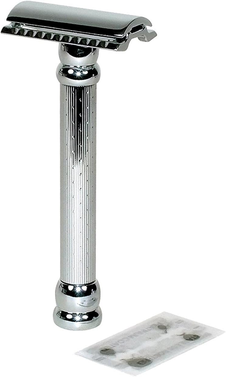 Merkur Flachklingenrasierer glanzverchromt, langer Griff, Gradschnitt Silber, Silber