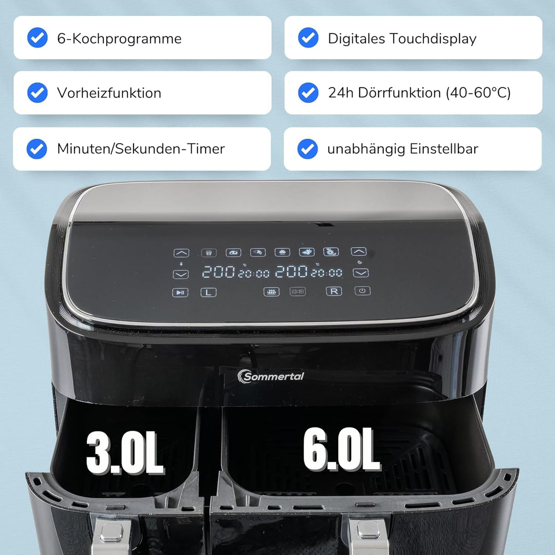 Sommertal HF DUAL 900, Heissluftfritteuse Doppelkammer 9 Liter, Airfryer mit 2 Körben, 2850 Watt, mi