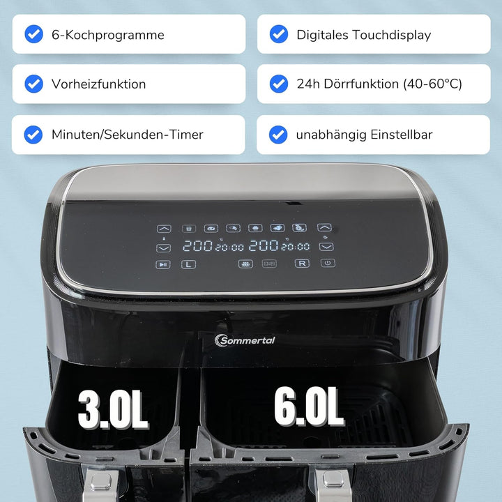 Sommertal HF DUAL 900, Heissluftfritteuse Doppelkammer 9 Liter, Airfryer mit 2 Körben, 2850 Watt, mi
