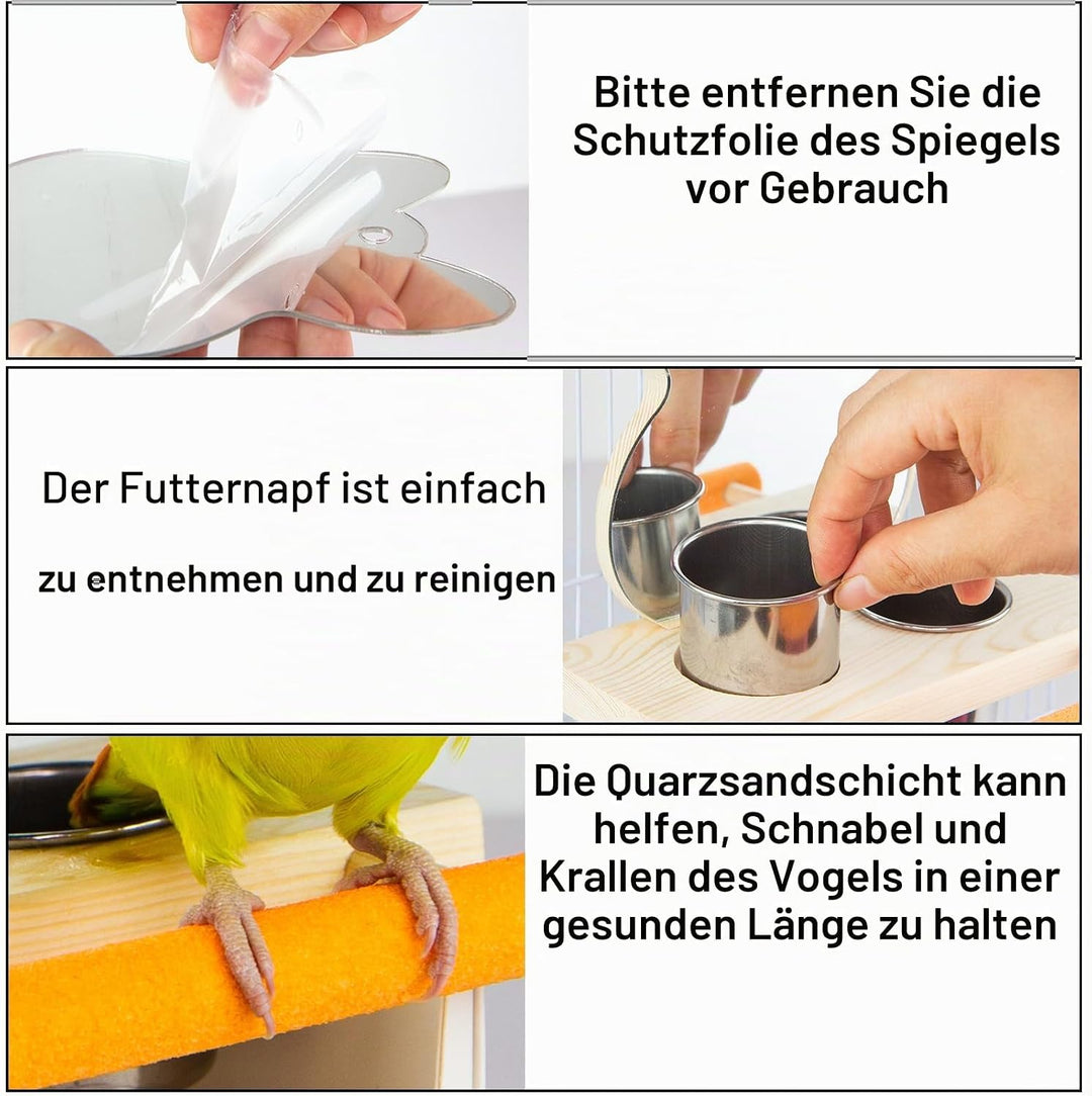 Vogelspiegel mit Sitzstange, Vogelsitzstange mit Spiegel und 2 Fütterung Tassen, Vogelspielzeug, Spi