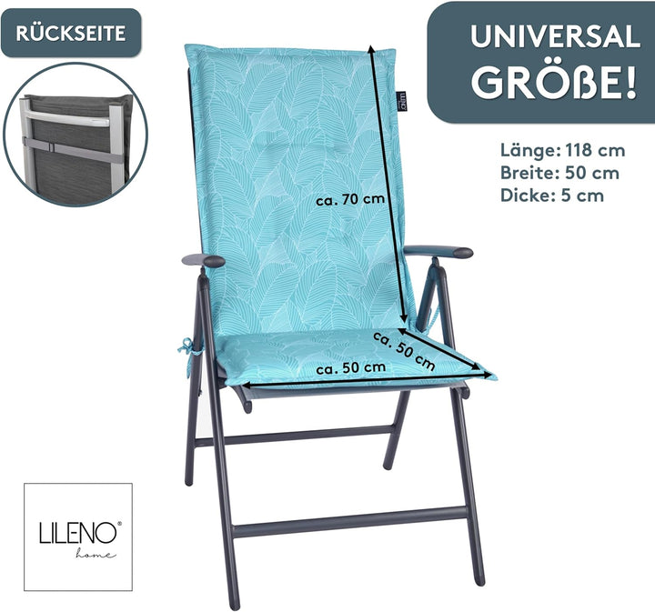 LILENO HOME Gartenstuhl Auflagen als [2er Set - Hochlehner] in Blätter Aqua - Bequeme Liegen als Sit