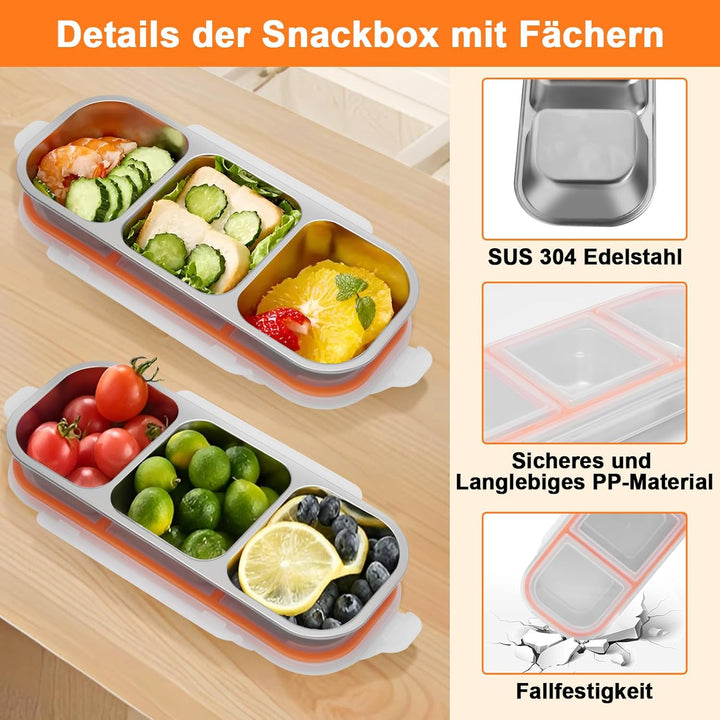 Snackbox mit 3 Fächern Edelstahl: 2 Stück Auslaufsicher Snackdose mit Deckel(600ml)-Tragbare Brotdos
