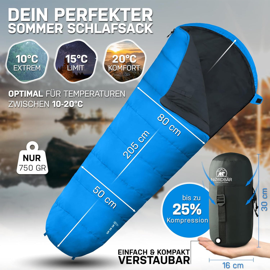 NORDBÄR® Schlafsack 3 Jahreszeiten & Sommer Ultraleicht [750g/1500g] | Camping Mumienschlafsack | kl