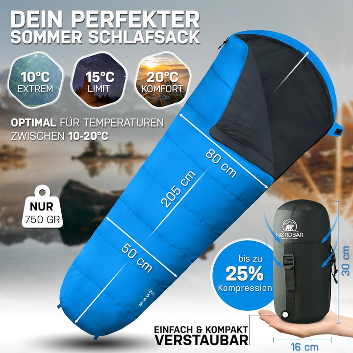 NORDBÄR® Schlafsack 3 Jahreszeiten & Sommer Ultraleicht [750g/1500g] | Camping Mumienschlafsack | kl