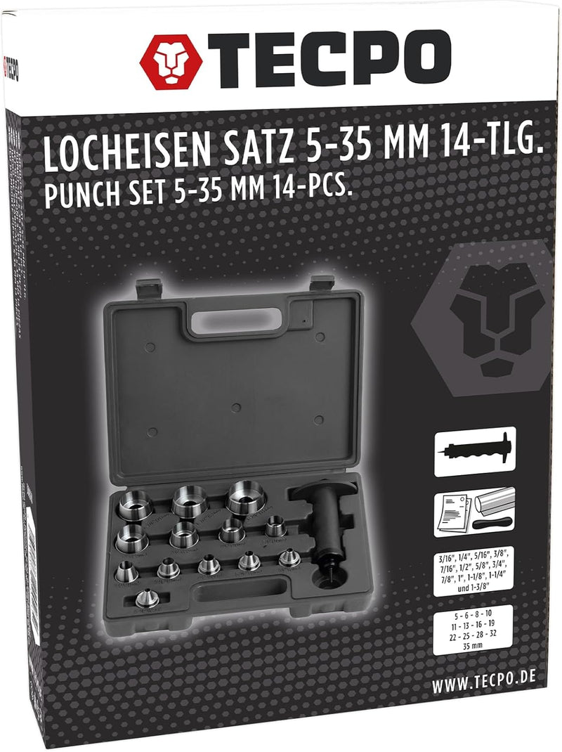 TECPO Locheisen Satz 14-teilig Loch Stanzen Henkellocheisen 5-35mm Lochstanzer Werkzeug