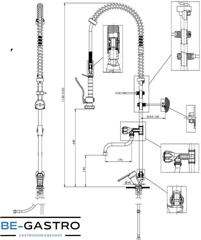 BE-GASTRO I Profi Gastro Geschirrbrause Einloch "Premium" Hebelgriff inkl. Wasserhahn, Mischbatterie