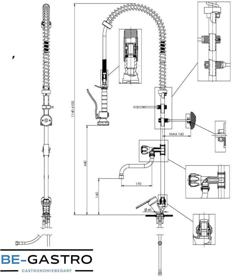 BE-GASTRO I Profi Gastro Geschirrbrause Einloch "Premium" Hebelgriff inkl. Wasserhahn, Mischbatterie