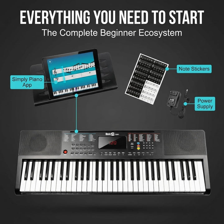 RockJam Compact 61 Key Keyboard with Sheet Music Stand, Power Supply, Piano Note Stickers &amp; Simply P