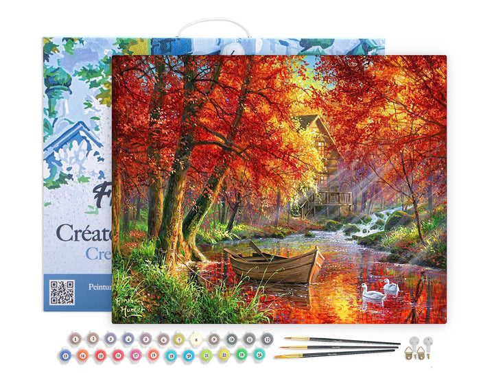 Figured'Art Malen Nach Zahlen Erwachsene Mit Rahmen Boot am Herbstlichen Fluss - Paint by Numbers Ba