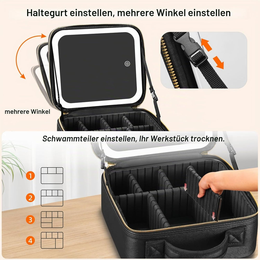 Reise-Schminktasche mit LED-Spiegel, Reise-Schminktasche mit beleuchtetem Spiegel, 3-Farben-Einstell