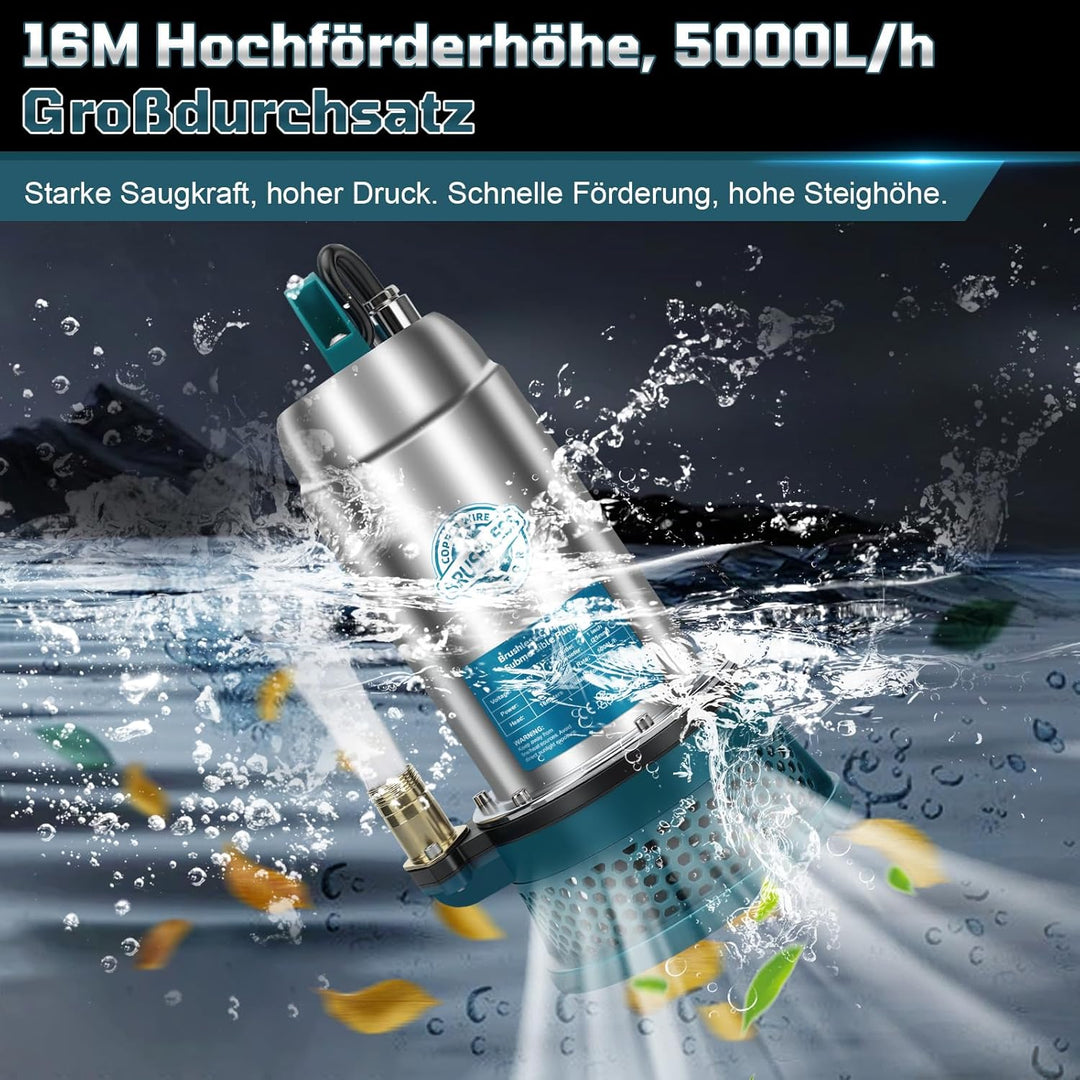 Tauchpumpe kompatibel mit Makita 18V Akku (keine Batterie)– 5000L/H Kabellose Wasserpumpe mit 10m Sc