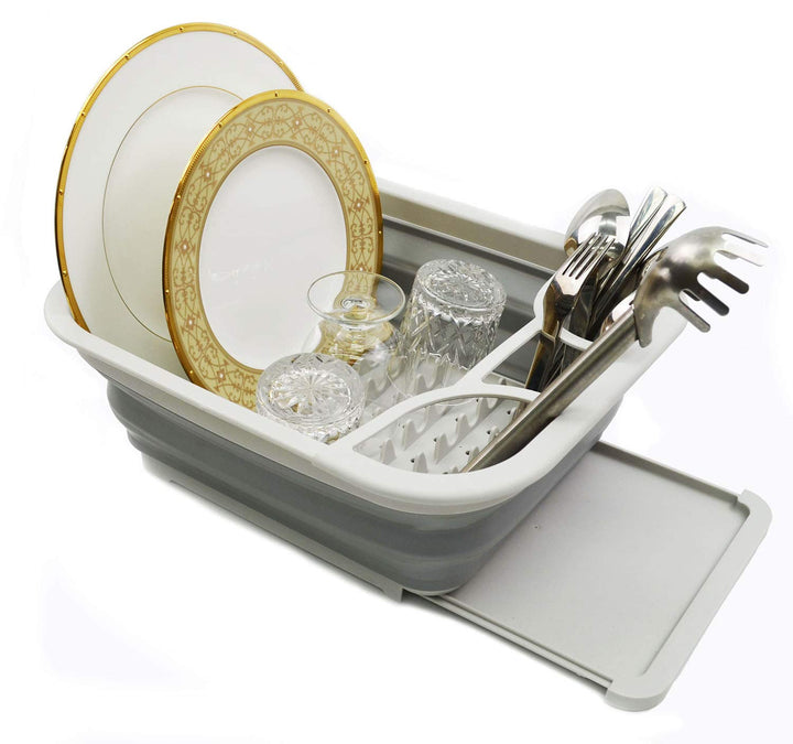 SAMMART Collapsible Plastic Dish Drainer with Drainer Board - Foldable Drying Rack Set - Space Savin